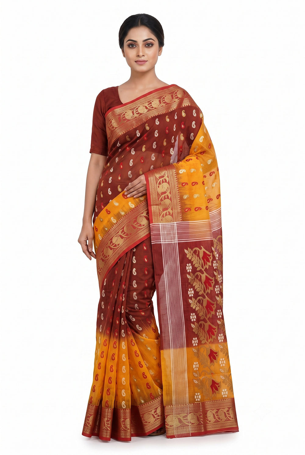 Pradip Fabrics Woven Tant Silk Blend Saree