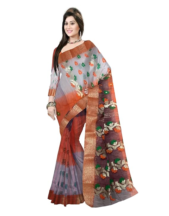 Pradip Fabrics Ethnic Women's Quality Tant Cotton Silk Orange,White and Brown color Saree.