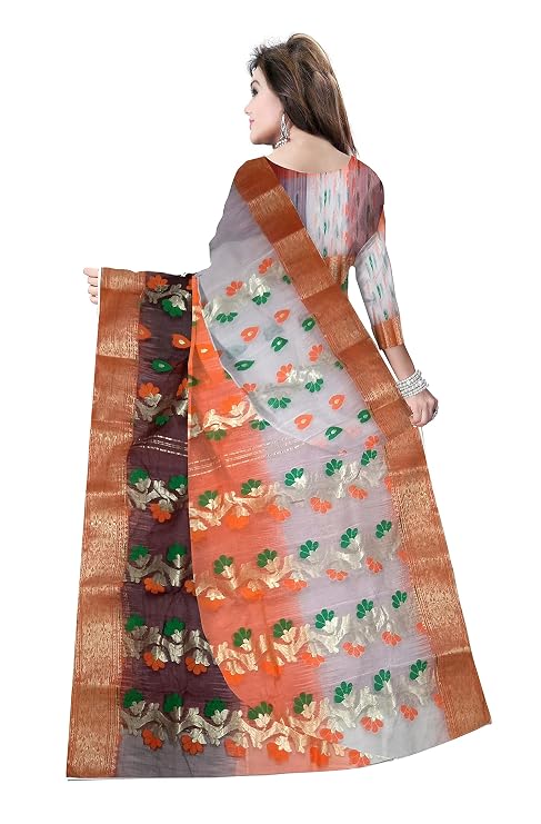 Pradip Fabrics Ethnic Women's Quality Tant Cotton Silk Orange,White and Brown color Saree.