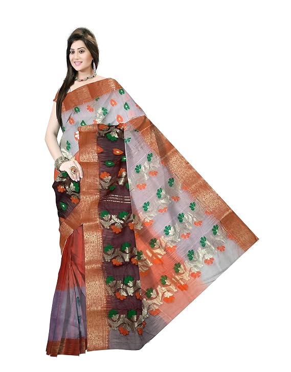 Pradip Fabrics Ethnic Women's Quality Tant Cotton Silk Orange,White and Brown color Saree.