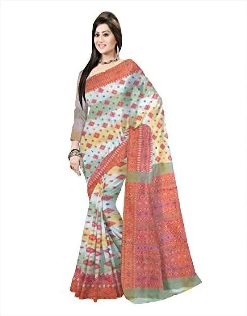 Pradip Fabrics Floral Print Jamdani Cotton Silk Saree (Cream, Orange)