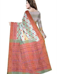 Pradip Fabrics Floral Print Jamdani Cotton Silk Saree (Cream, Orange)