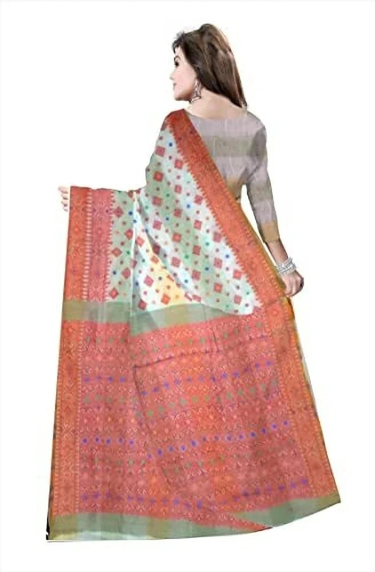 Pradip Fabrics Floral Print Jamdani Cotton Silk Saree (Cream, Orange)