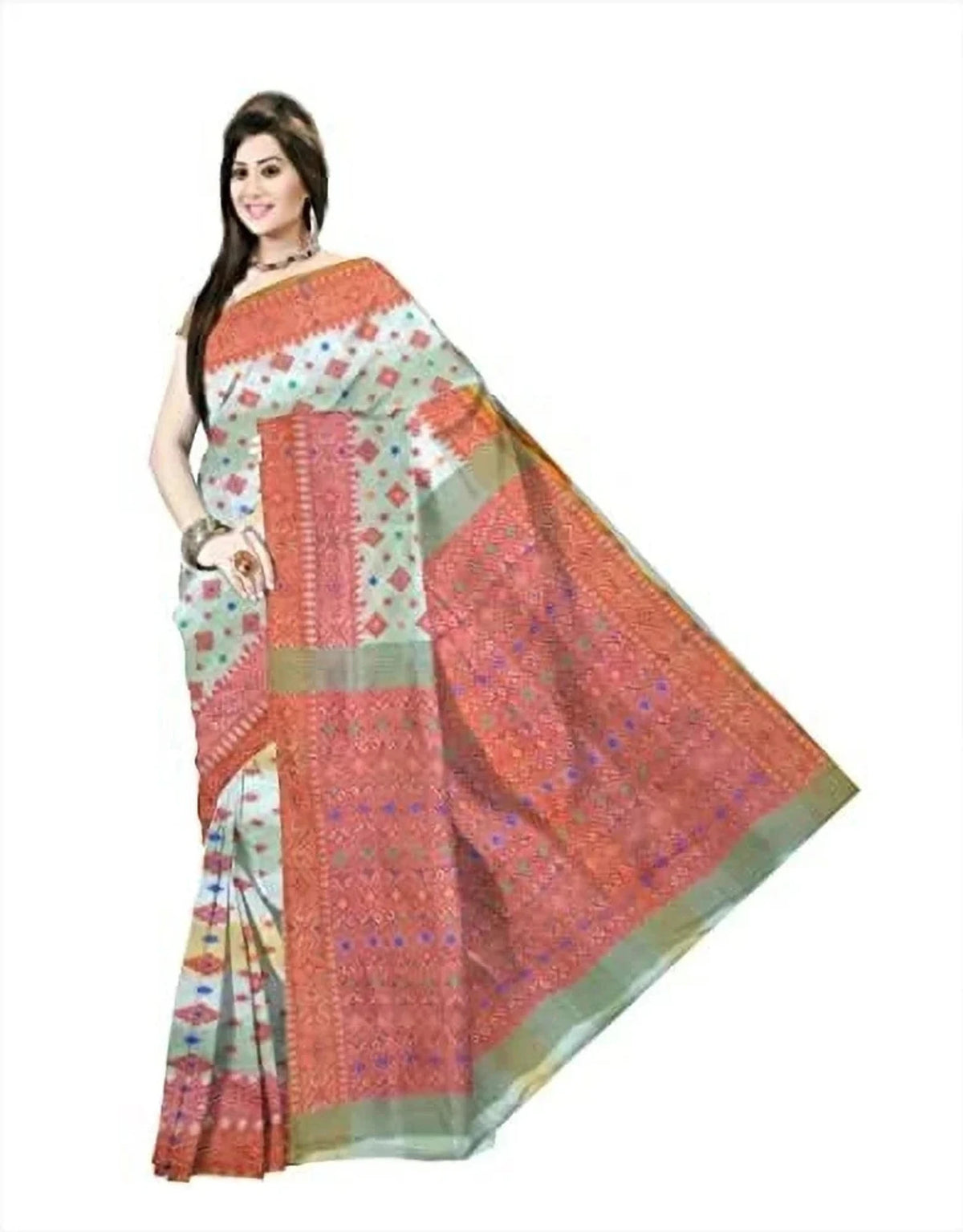 Pradip Fabrics Floral Print Jamdani Cotton Silk Saree (Cream, Orange)