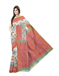 Pradip Fabrics Floral Print Jamdani Cotton Silk Saree (Cream, Orange)