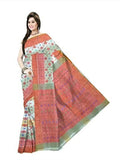 Pradip Fabrics Floral Print Jamdani Cotton Silk Saree (Cream, Orange)