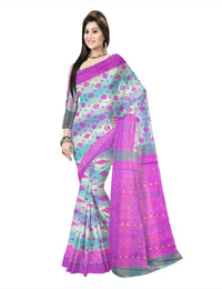 Pradip Fabrics Floral Print Jamdani Cotton Silk Saree (Cream, Orange)