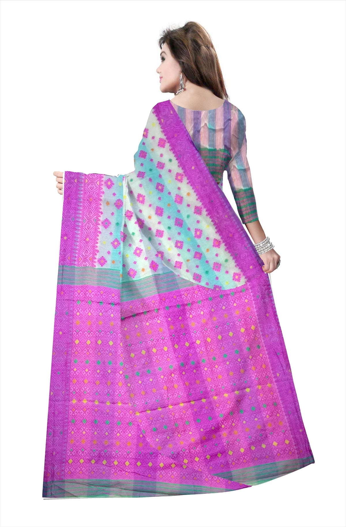 Pradip Fabrics Floral Print Jamdani Cotton Silk Saree (Cream, Orange)