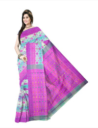 Pradip Fabrics Floral Print Jamdani Cotton Silk Saree (Cream, Orange)