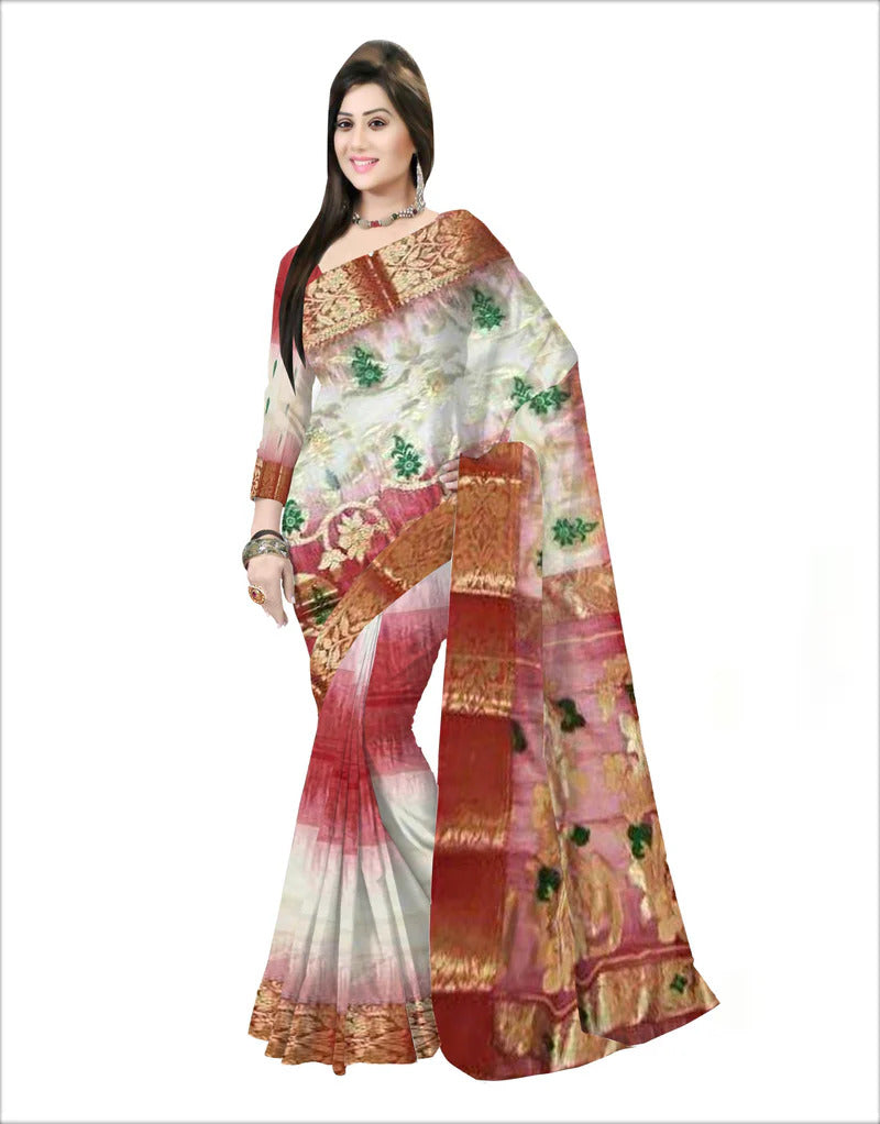 Pradip Fabrics Ethnic Women's Tant Silk Orange and Cream Color Saree