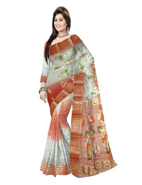 Pradip Fabrics Ethnic Women's Tant Silk Orange and Cream Color Saree