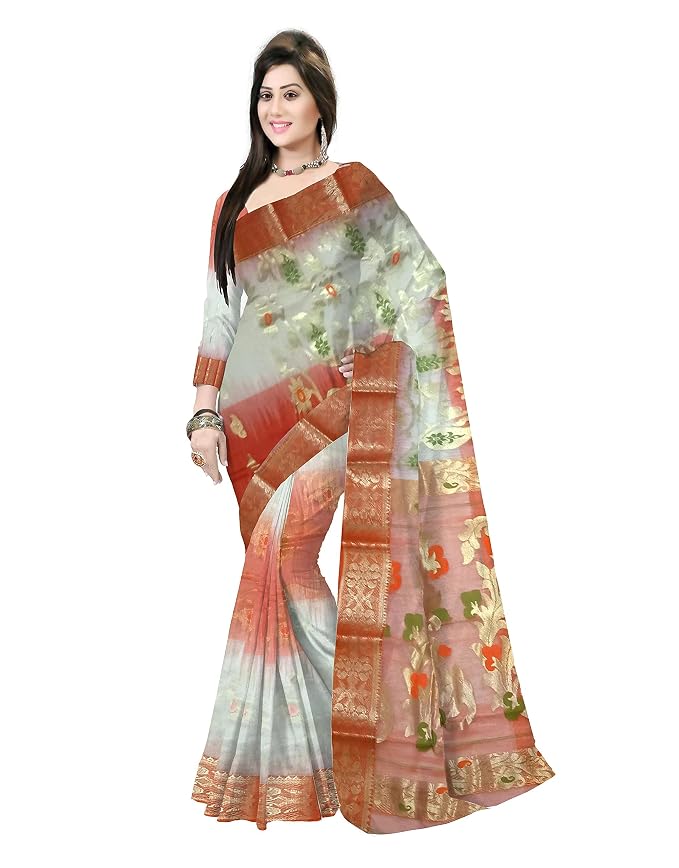 Pradip Fabrics Ethnic Women's Tant Silk Orange and Cream Color Saree