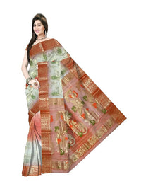 Pradip Fabrics Ethnic Women's Tant Silk Orange and Cream Color Saree