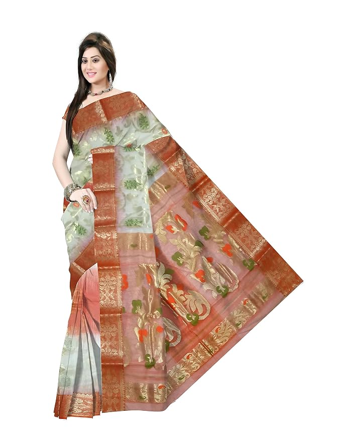 Pradip Fabrics Ethnic Women's Tant Silk Orange and Cream Color Saree