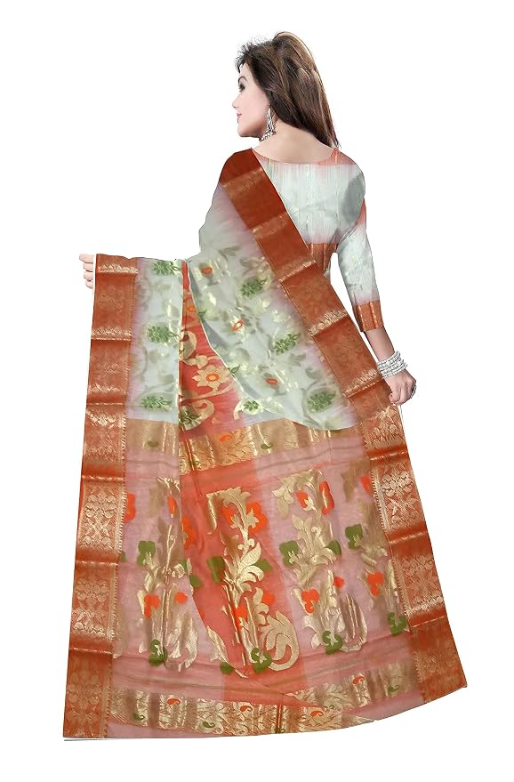 Pradip Fabrics Ethnic Women's Tant Silk Orange and Cream Color Saree