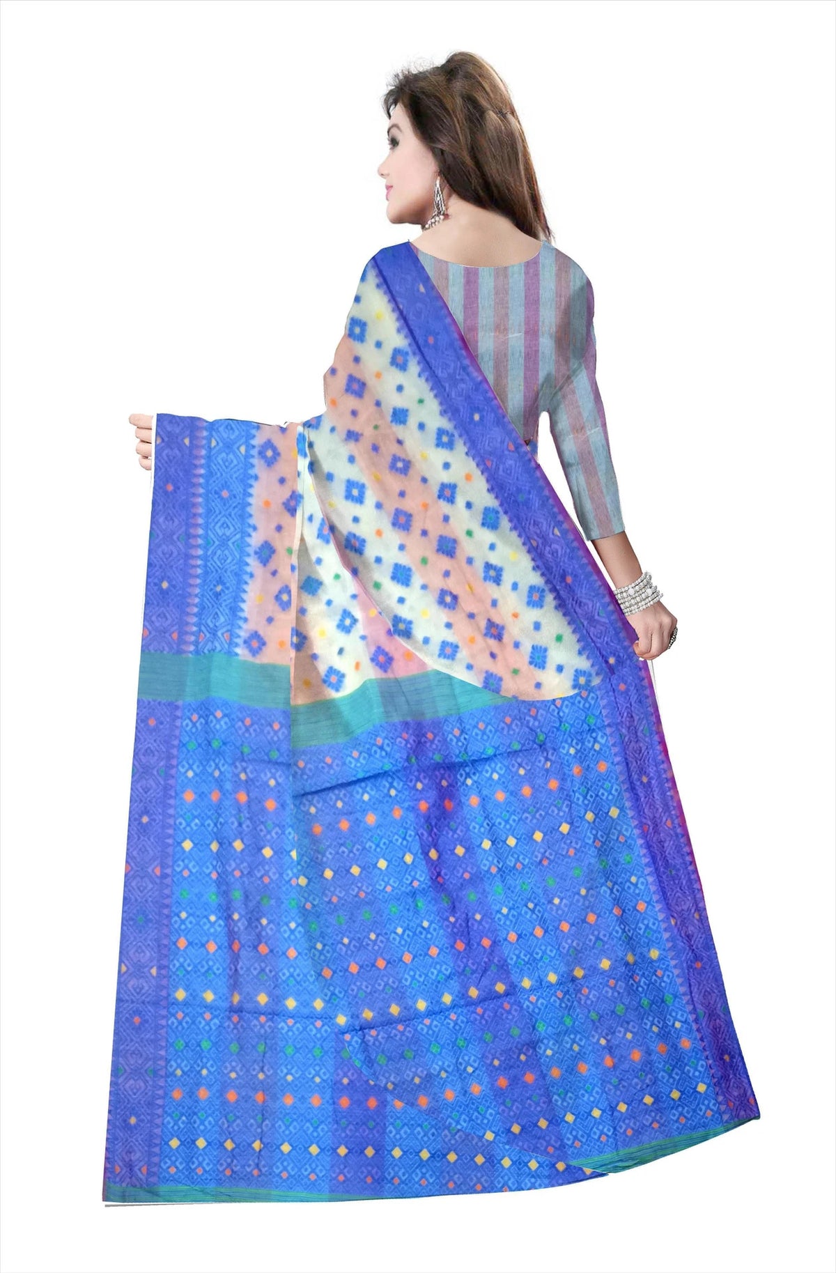Pradip Fabrics Floral Print Jamdani Cotton Silk Saree (Cream, Orange)
