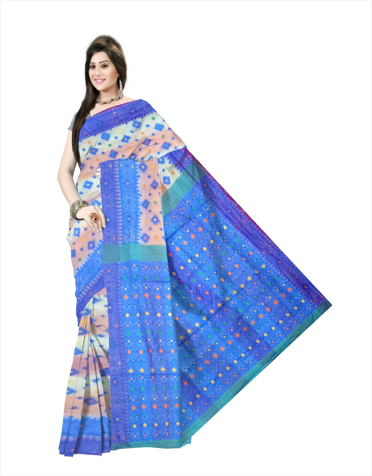 Pradip Fabrics Floral Print Jamdani Cotton Silk Saree (Cream, Orange)