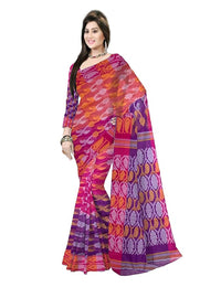 Pradip Fabrics Ethnic Women's Tant Cotton All Over Dhakai Jamdani Purple, Pink and Orange Color Saree