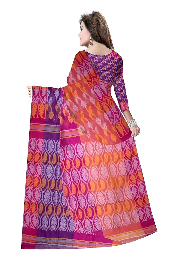 Pradip Fabrics Ethnic Women's Tant Cotton All Over Dhakai Jamdani Purple, Pink and Orange Color Saree