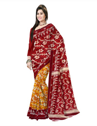 Pradip Fabrics Floral Print Jamdani Cotton Silk Saree (Red, Gold)