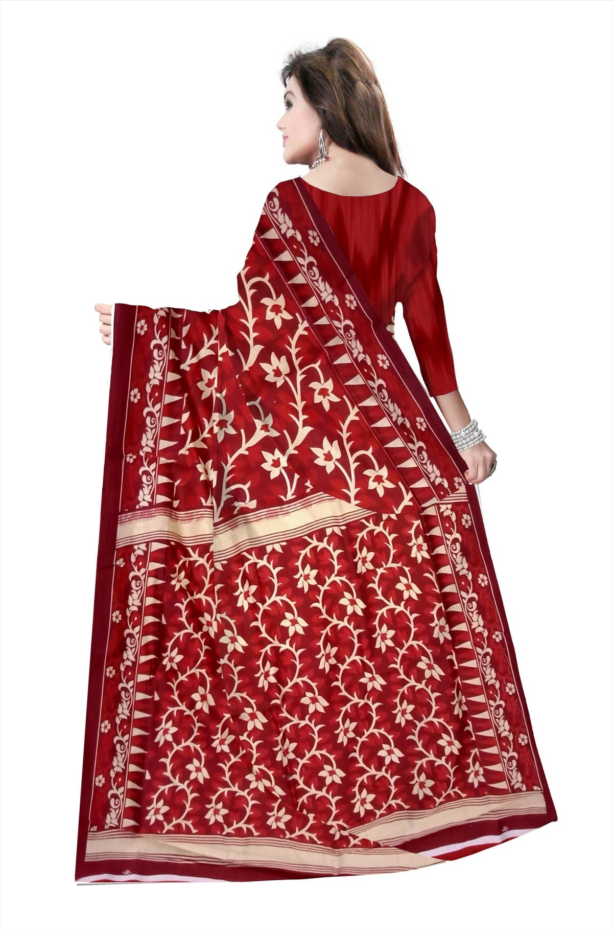 Pradip Fabrics Floral Print Jamdani Cotton Silk Saree (Red, Gold)
