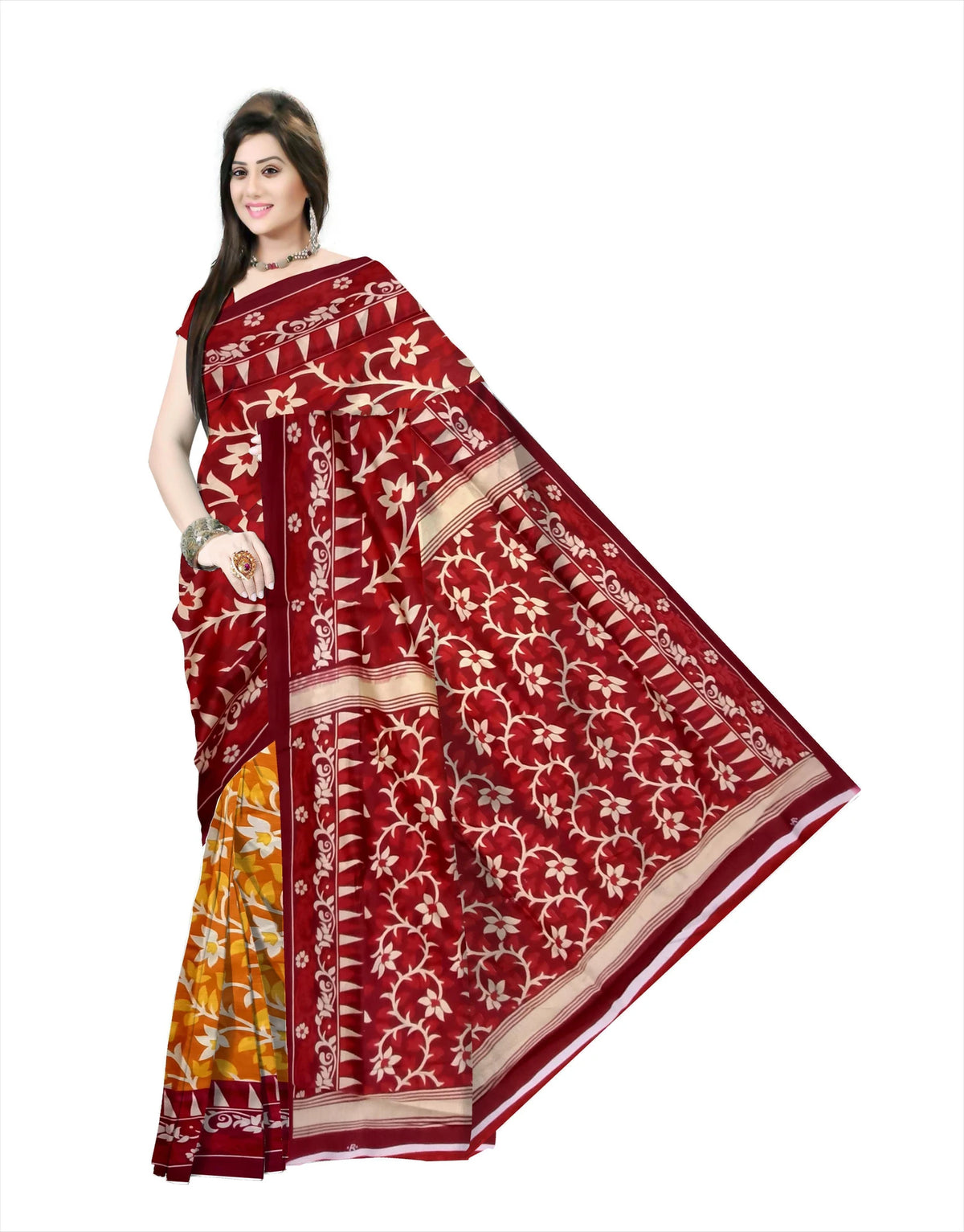 Pradip Fabrics Floral Print Jamdani Cotton Silk Saree (Red, Gold)