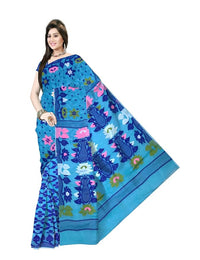 Pradip Fabrics Ethnic Women's Tant Cotton Soft Blue color Gap Dhakai Jamdami Saree
