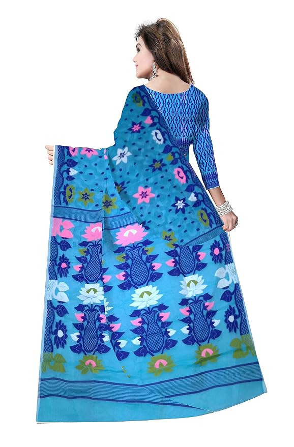 Pradip Fabrics Ethnic Women's Tant Cotton Soft Blue color Gap Dhakai Jamdami Saree