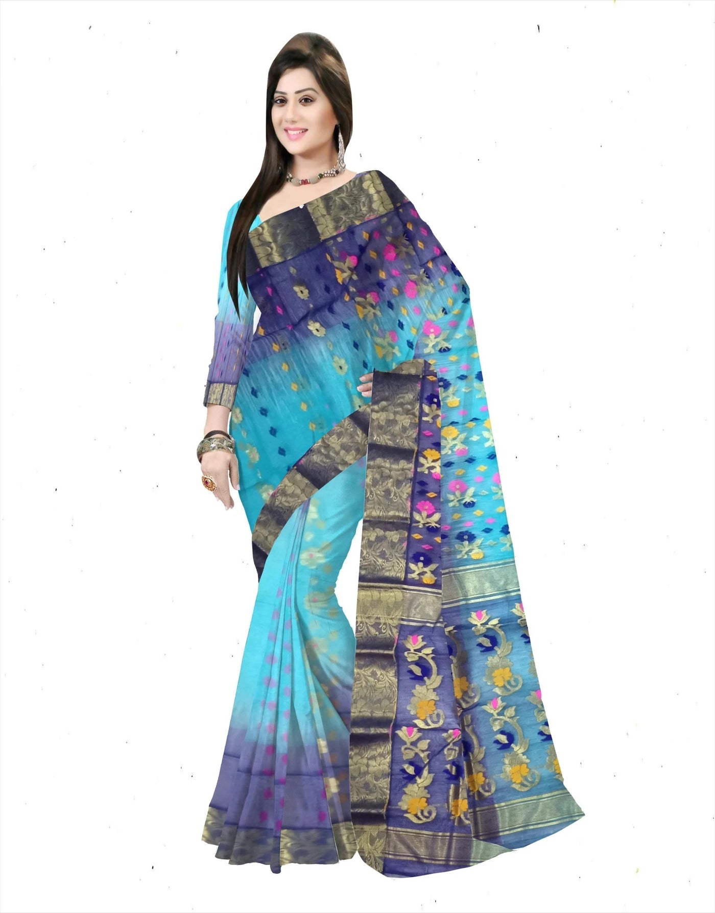 Pradip Fabrics Ethnic Women's Tant Silk Sky Blue and Blue colour Saree.