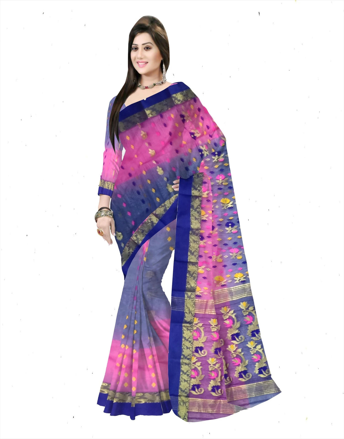 Pradip Fabrics Ethnic Women's Tant Silk Sky Blue and Blue colour Saree.