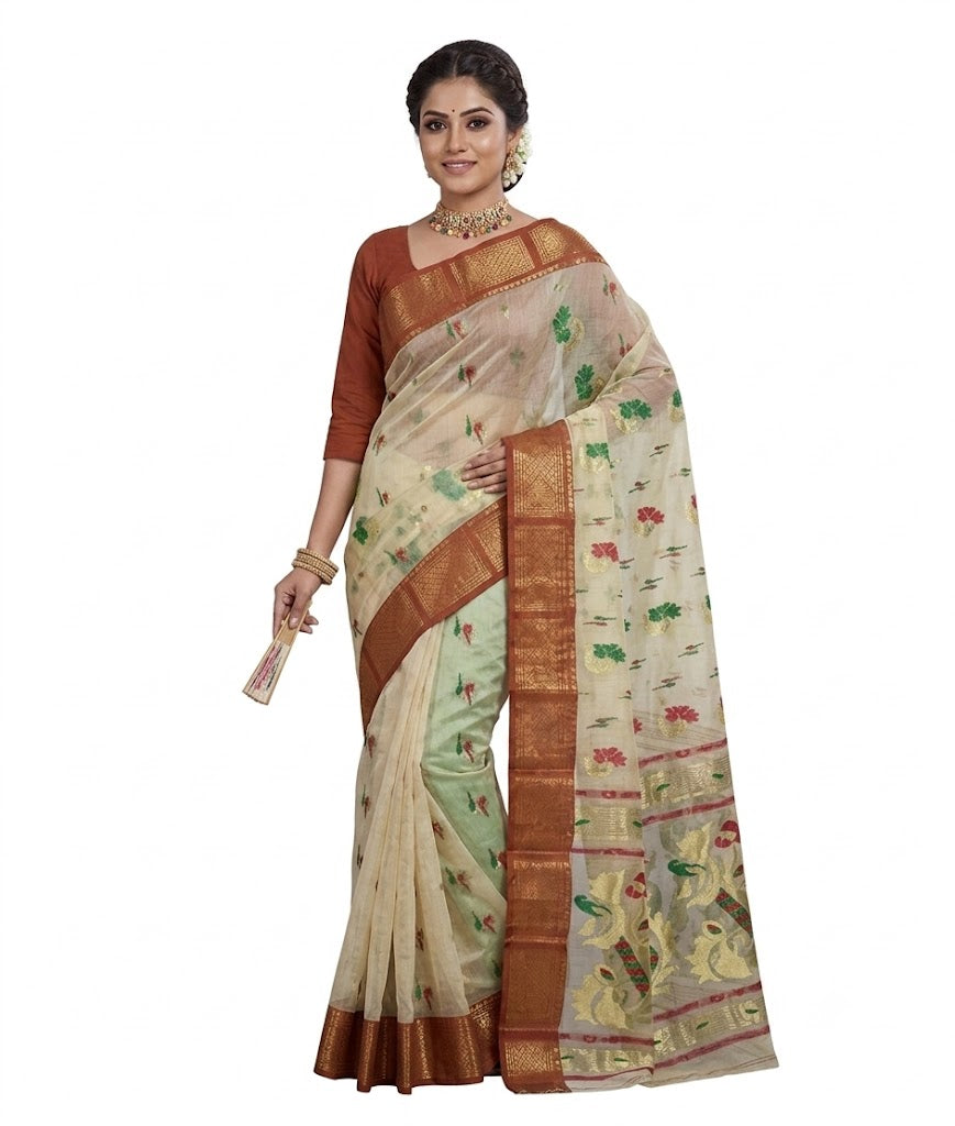 Pradip Fabrics Woven Tant Pure Cotton Saree (Orange)