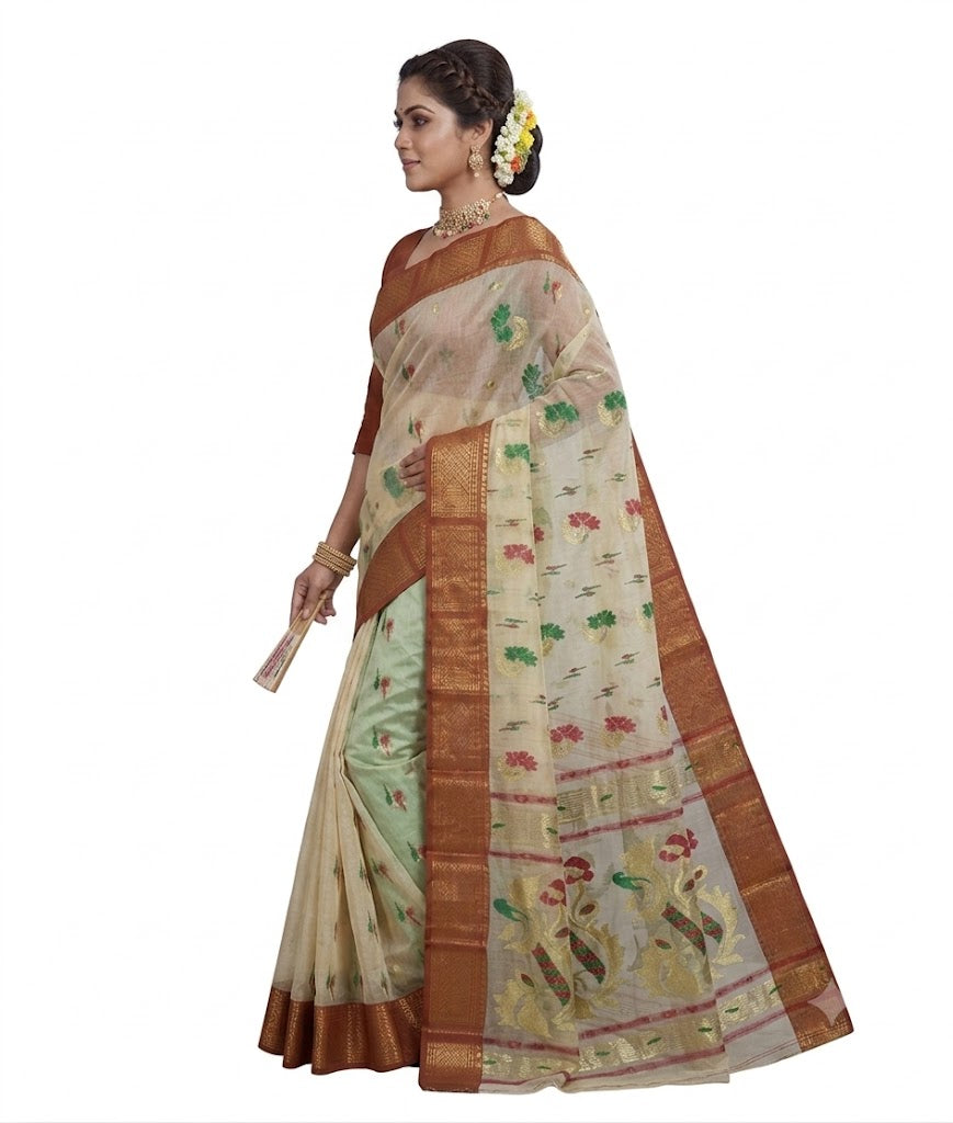 Pradip Fabrics Woven Tant Pure Cotton Saree (Orange)
