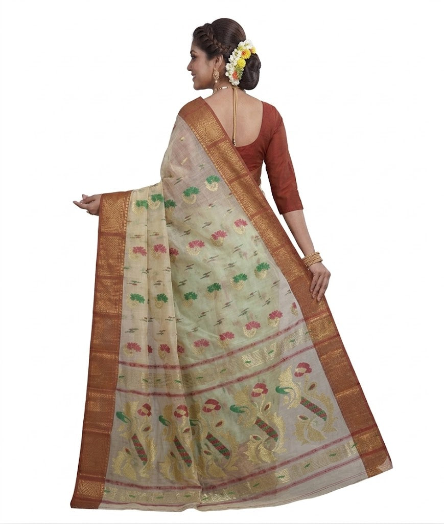 Pradip Fabrics Woven Tant Pure Cotton Saree (Orange)