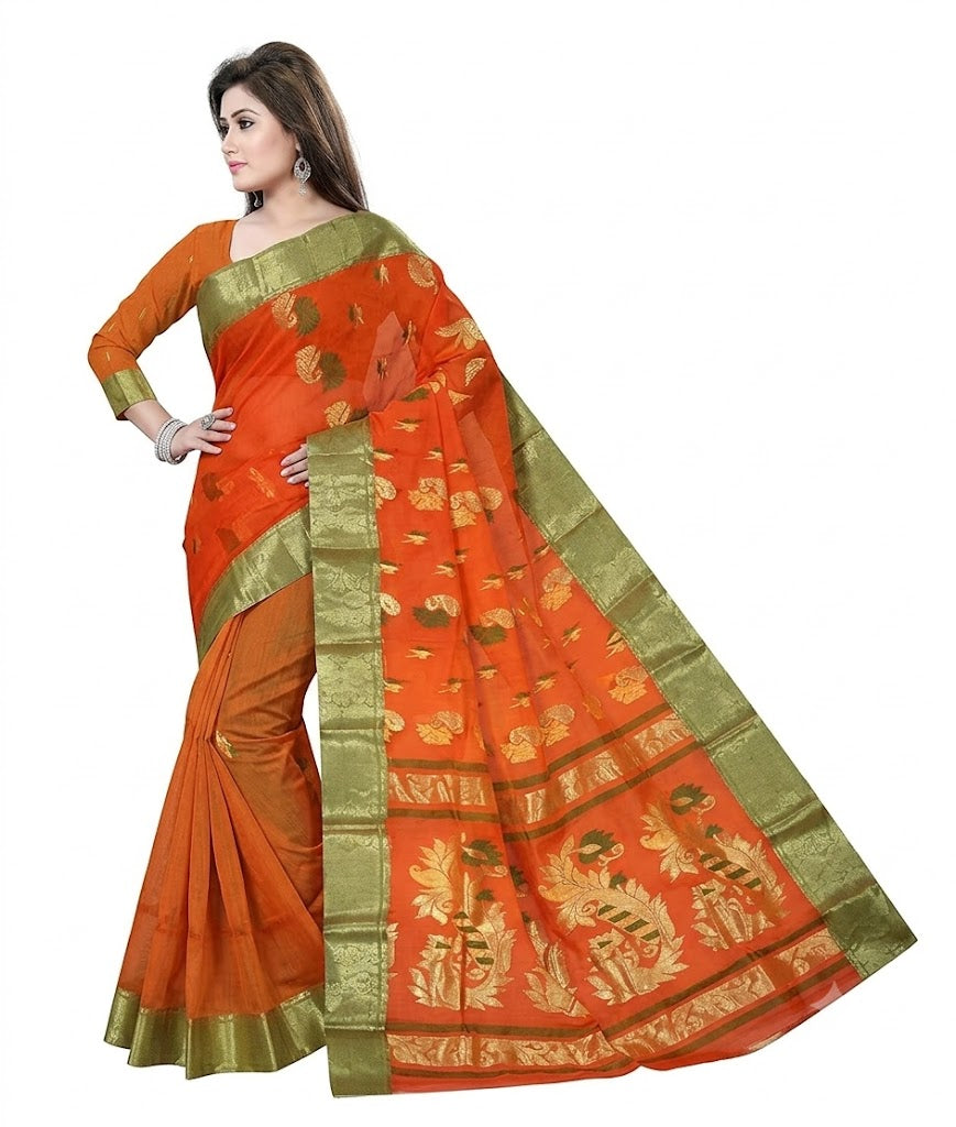 Pradip Fabrics Woven Tant Pure Cotton Saree (Orange)