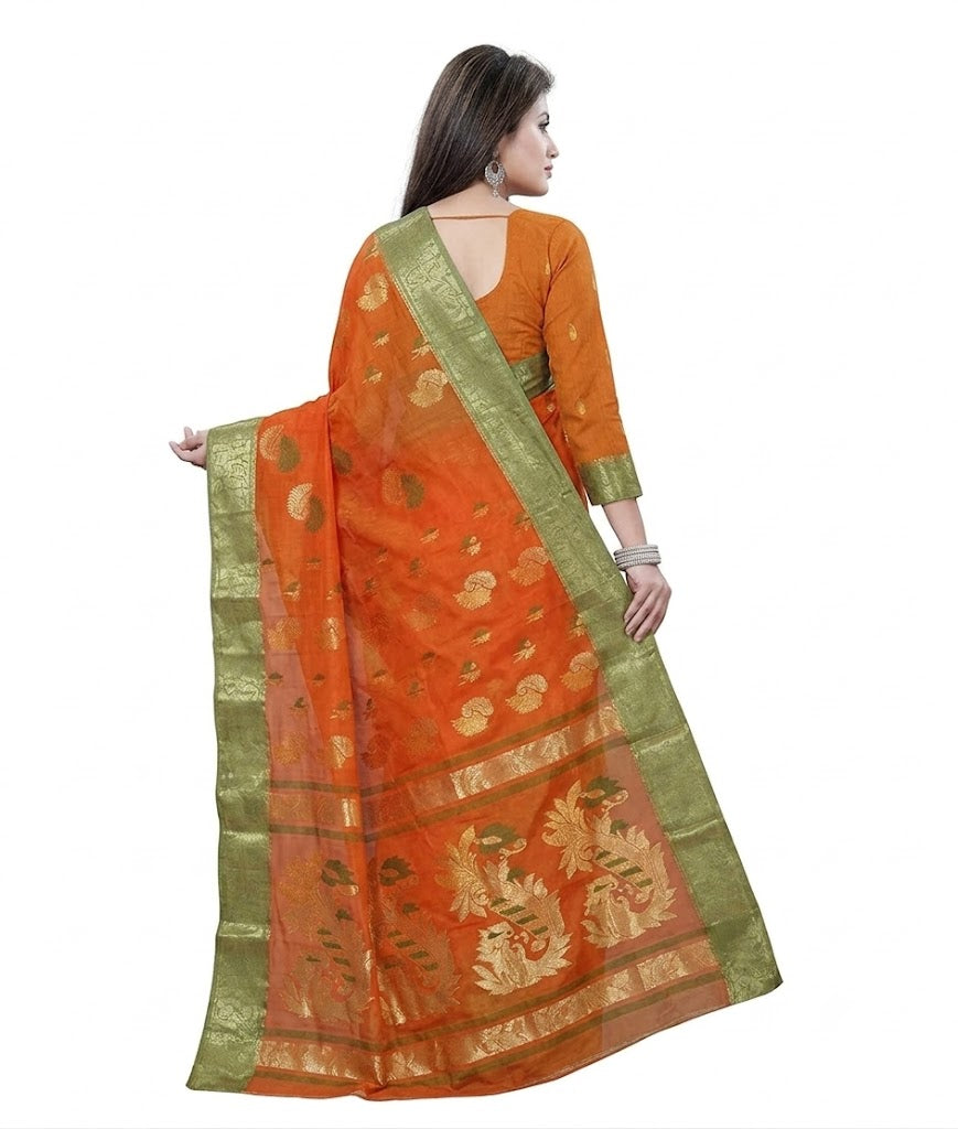 Pradip Fabrics Woven Tant Pure Cotton Saree (Orange)