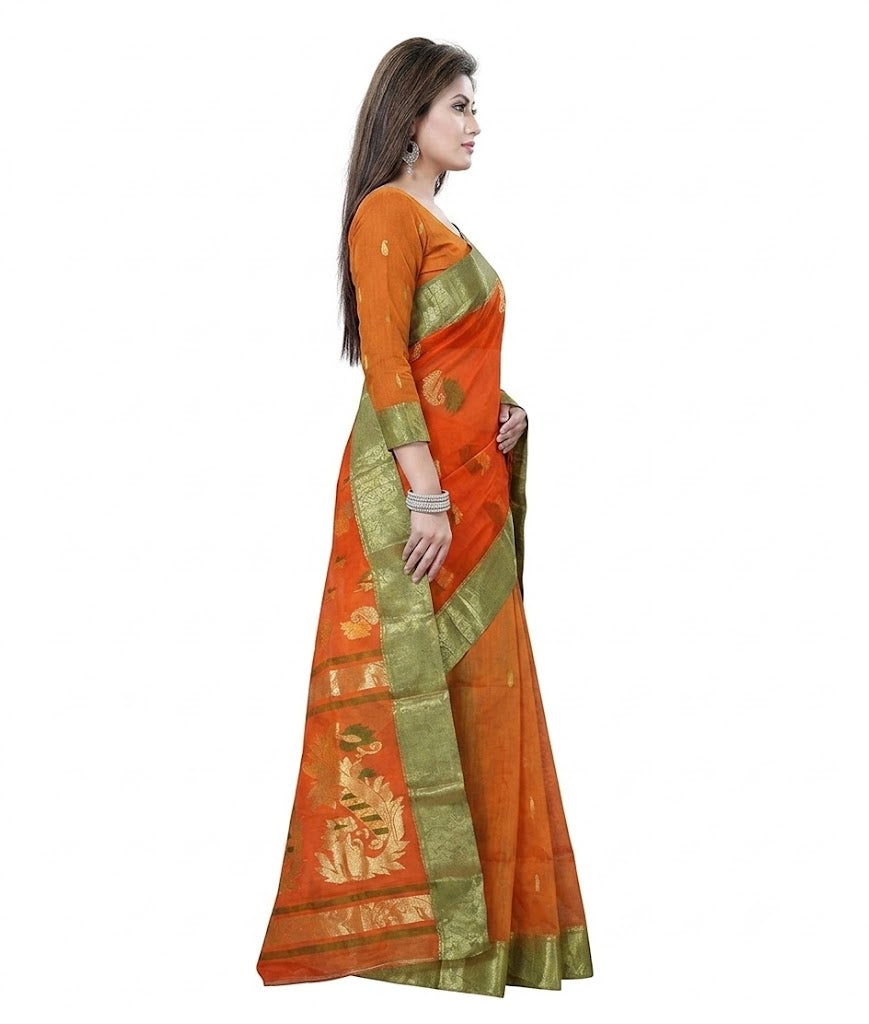 Pradip Fabrics Woven Tant Pure Cotton Saree (Orange)