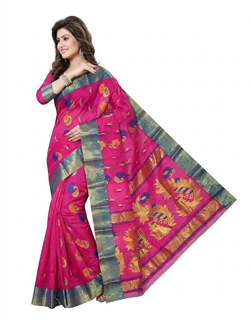 Pradip Fabrics Woven Tant Pure Cotton Saree (Orange)