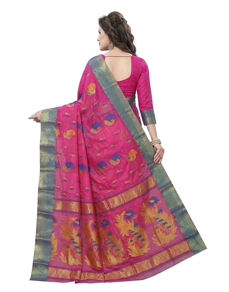 Pradip Fabrics Woven Tant Pure Cotton Saree (Orange)
