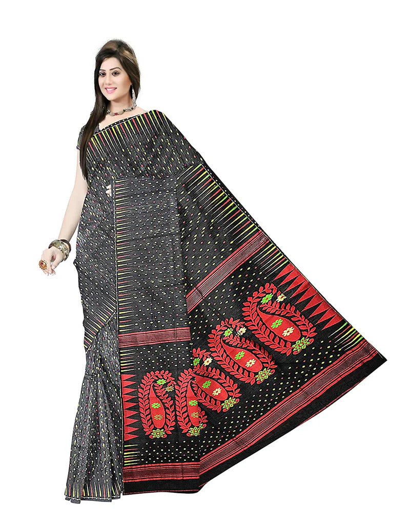 Pradip Fabrics Bengal Tant Silk Black Dhakai Jamdani Saree for Women