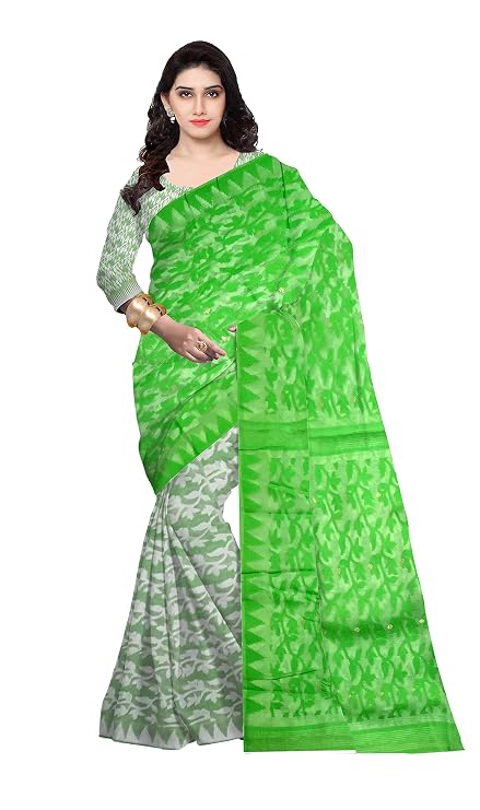 Pradip Fabrics Ethnic Women's Tant Cotton All Over Dhakai Jamdani Green and Yellow Color Saree