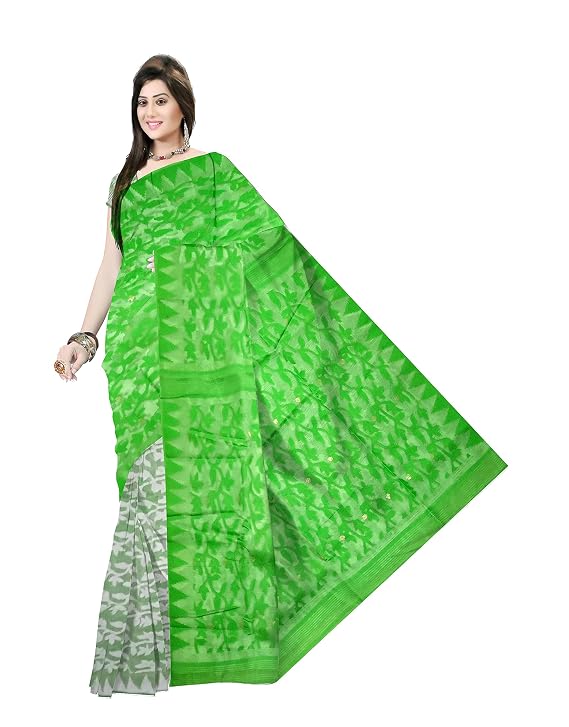 Pradip Fabrics Ethnic Women's Tant Cotton All Over Dhakai Jamdani Green and Yellow Color Saree