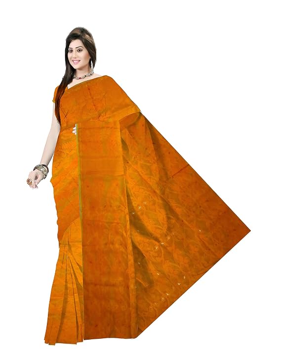 Pradip Fabrics Ethnic Women's Tant Cotton All Over Dhakai Jamdani Green and Yellow Color Saree