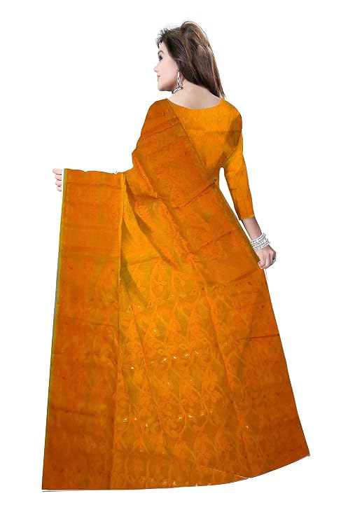 Pradip Fabrics Ethnic Women's Tant Cotton All Over Dhakai Jamdani Green and Yellow Color Saree