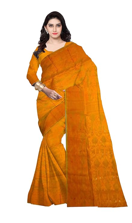Pradip Fabrics Ethnic Women's Tant Cotton All Over Dhakai Jamdani Green and Yellow Color Saree
