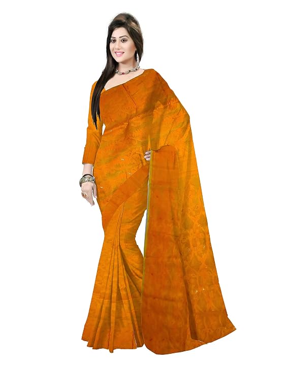 Pradip Fabrics Ethnic Women's Tant Cotton All Over Dhakai Jamdani Green and Yellow Color Saree