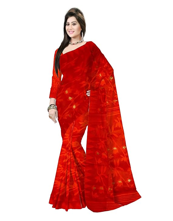 Pradip Fabrics Ethnic Women's Tant Cotton All Over Dhakai Jamdani Green and Yellow Color Saree