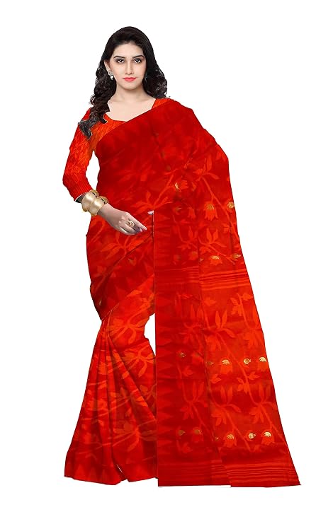 Pradip Fabrics Ethnic Women's Tant Cotton All Over Dhakai Jamdani Green and Yellow Color Saree
