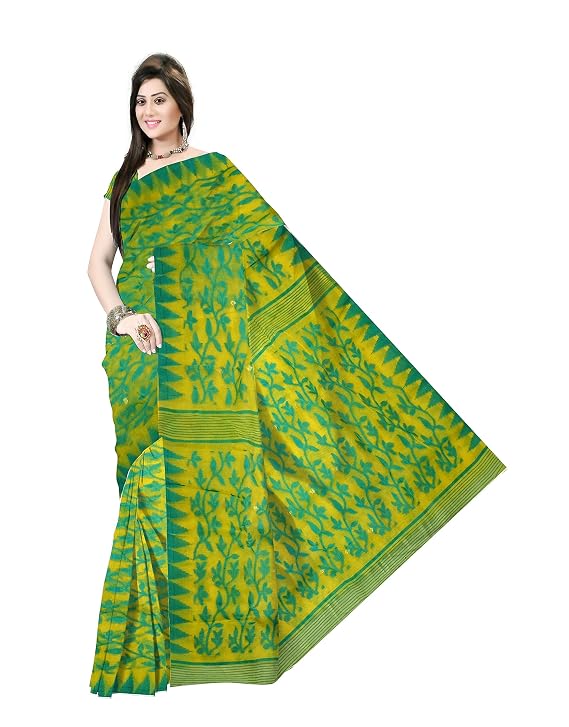 Pradip Fabrics Ethnic Women's Tant Cotton All Over Dhakai Jamdani Green and Yellow Color Saree