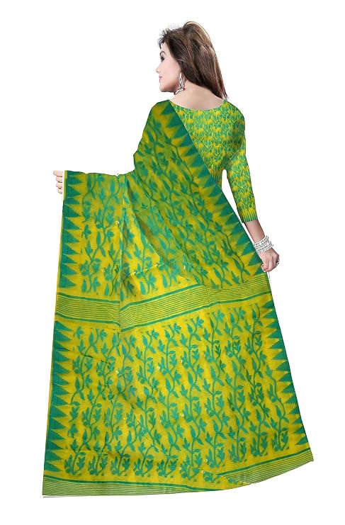 Pradip Fabrics Ethnic Women's Tant Cotton All Over Dhakai Jamdani Green and Yellow Color Saree