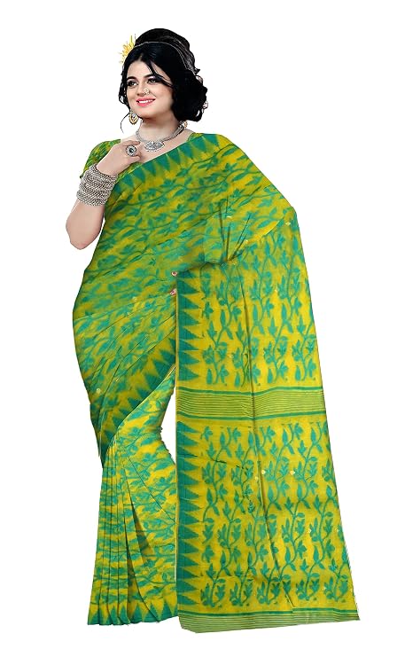 Pradip Fabrics Ethnic Women's Tant Cotton All Over Dhakai Jamdani Green and Yellow Color Saree